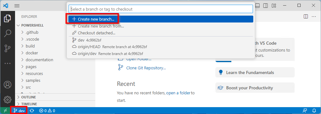 Opening the create new branch menu